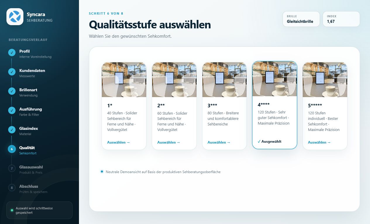 Auswahl einer Qualitätsstufe in Syncara